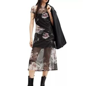 ALLSAINTS Hanna Valley Printed Mesh Midi Dress Skeleton Snake Rose Print size 8